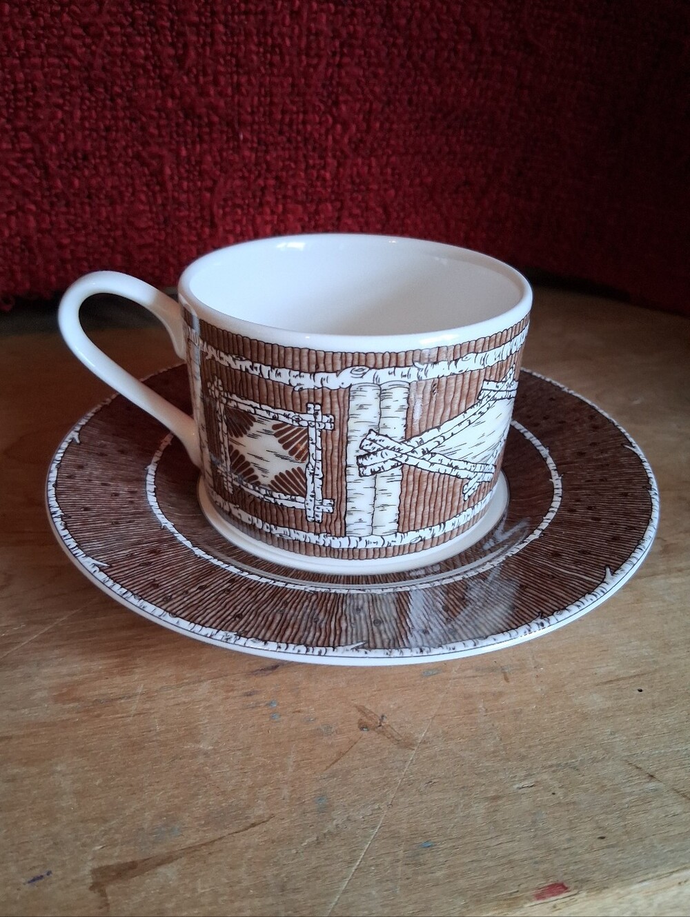 Oneida Rockwood 1998 Wood Patterned Stoneware Teacup with Saucer Replacement set